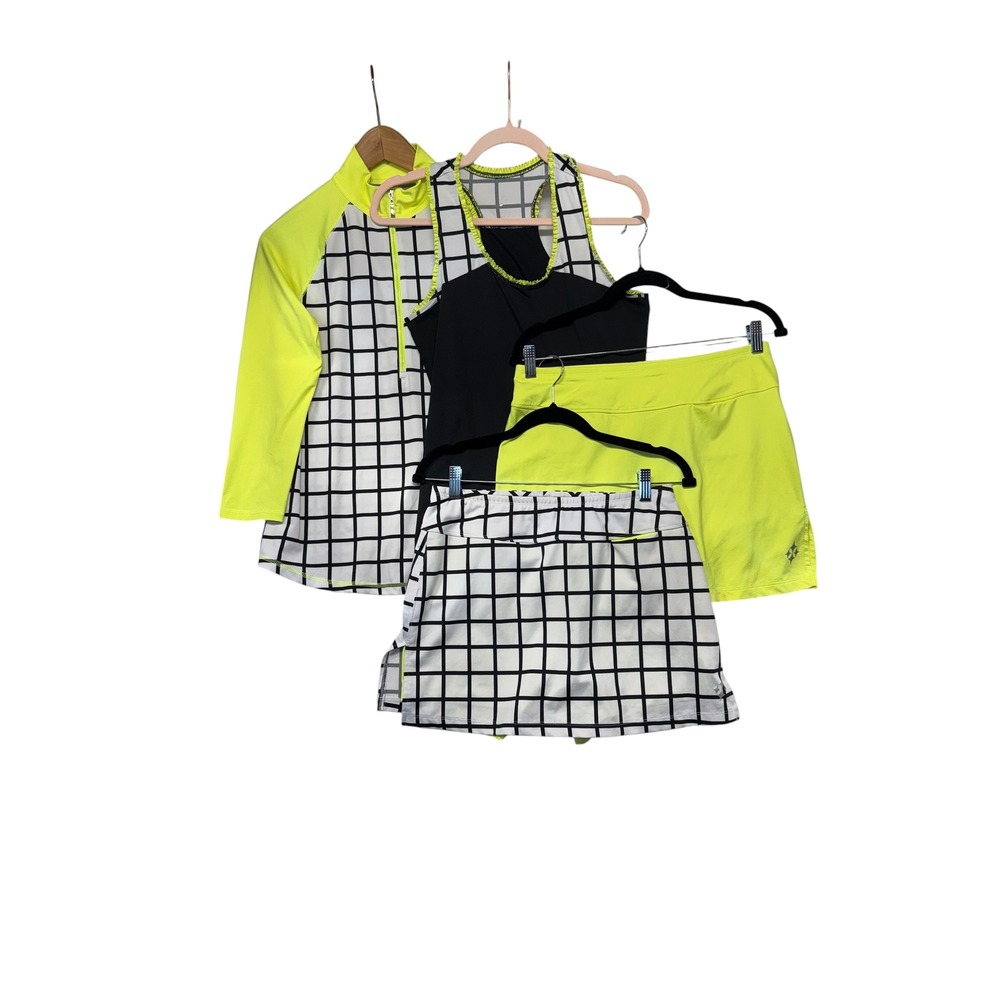 Lija Tennis Set Medium Neon Yellow Black White Grid Check 4-Piece